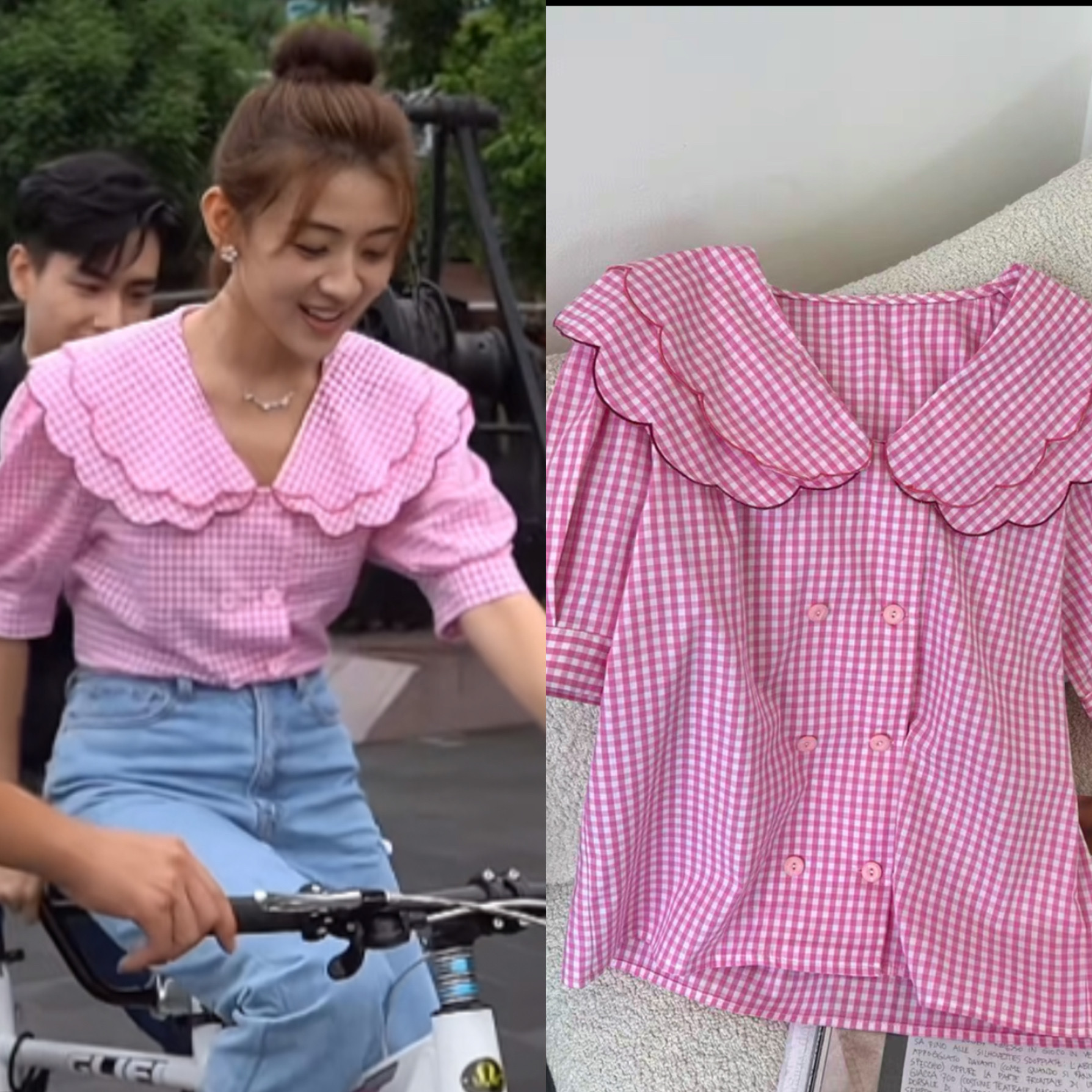 请和这样的我恋爱吧梁洁同款法式娃娃领格子短袖衬衫女