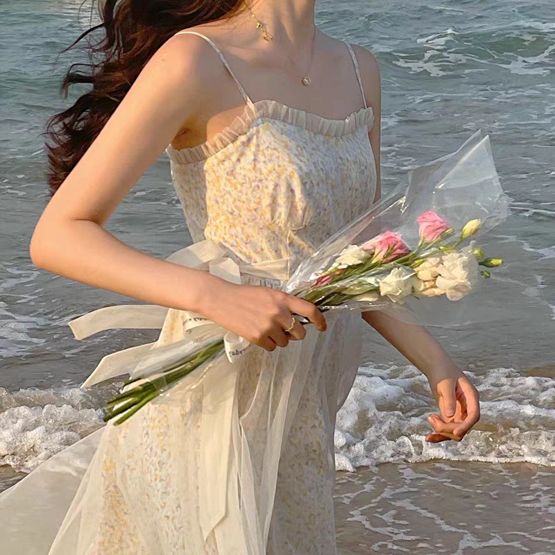 2021 new first love dress super fairy sweet mesh bandage Fairy Dress Chiffon suspender Floral Dress