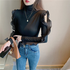 Real price half high collar with ear edge off shoulder long sleeve slim and versatile top
