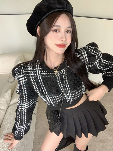 Real price fashion checkered round neck bubble sleeve short coat