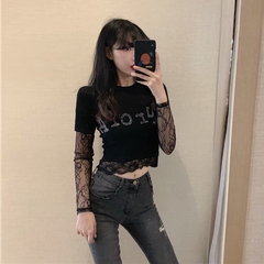 Real price round neck slim cut lace splicing sleeve hot drilling long sleeve T-shirt