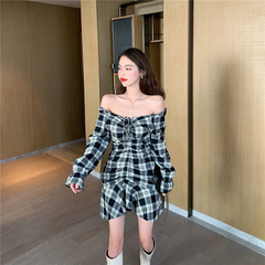 Real Price vintage off shoulder V-neck drawstring pleated Plaid Dress