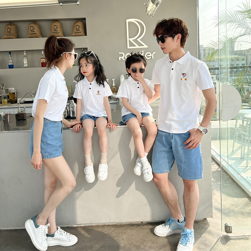 亲子装夏装一家三口POLO衫短袖四口母女洋气高端套装夏季母子新款