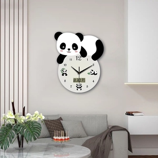 熊猫挂钟家用墙上石英钟创意免打孔日历挂表客厅新款 静音餐厅钟表