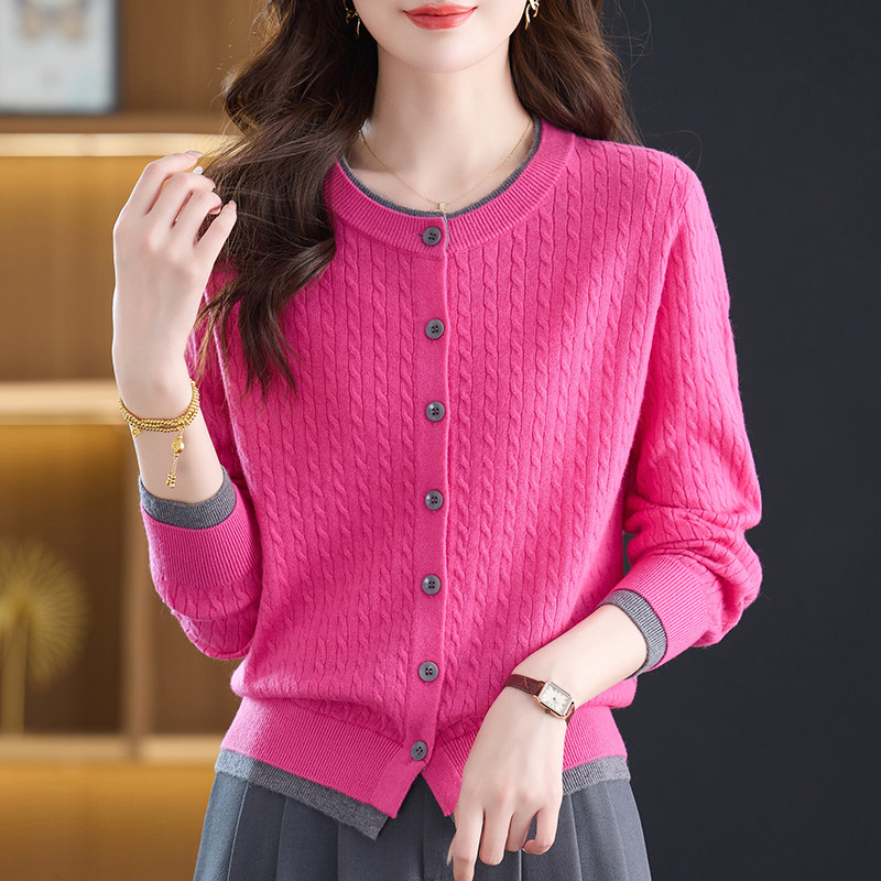 2026春装新款圆领提花纯羊毛针织开衫女时尚显瘦百搭毛衣小外套女