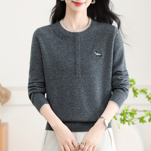 100%羊毛妈妈秋冬圆领打底毛衣