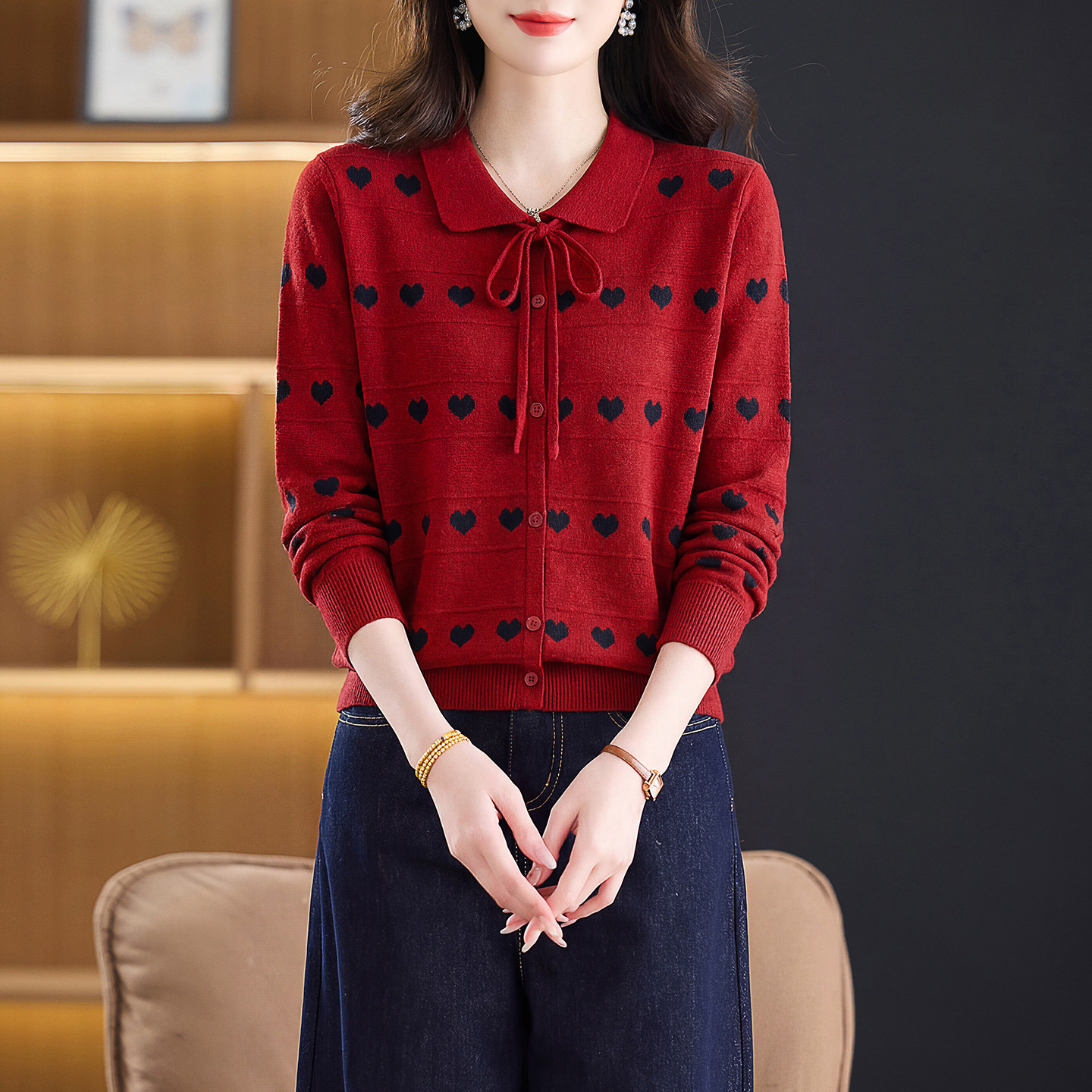 针织衫上衣女春秋季内搭可外穿毛衣洋气减龄娃娃领打底衫宽松大码