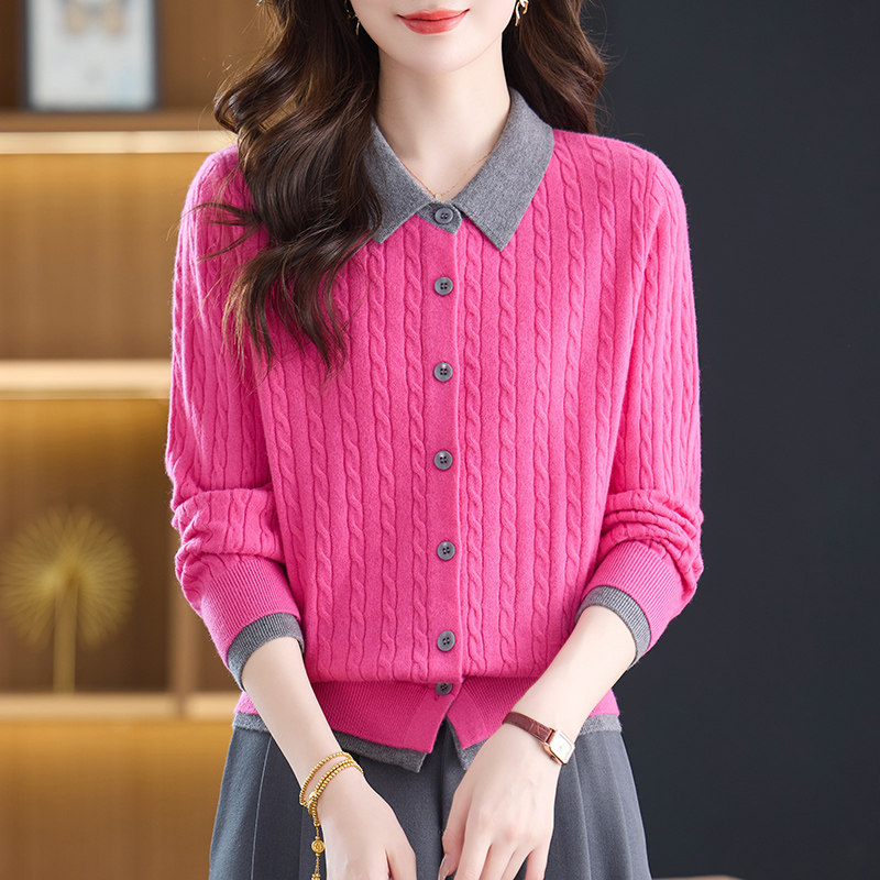 2026春装新款撞色翻领纯羊毛针织开衫女提花毛衣外套百搭显瘦上衣