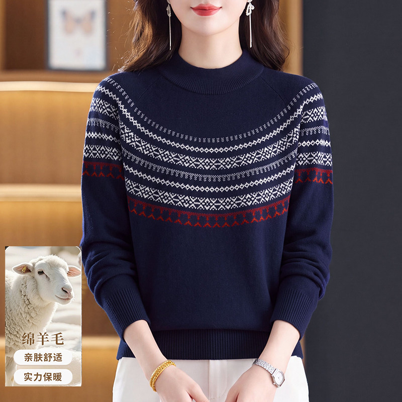 100%绵羊毛针织打底衫加厚保暖女冬季新款套头半高领毛衣宽松上衣