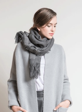 橘语秋冬新款100%羊毛条纹百搭时尚休闲加厚保暖拼色女围巾披肩