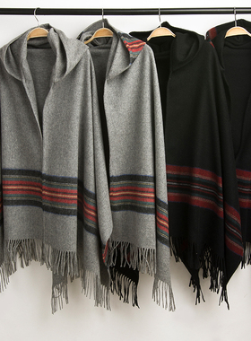 橘语新款纯羊毛戴帽披肩围巾两用女条纹推荐优质新品包邮巨划算
