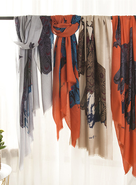 橘语新款纯羊毛印花披肩围巾妈妈礼物流苏空调房披风毯百搭包邮