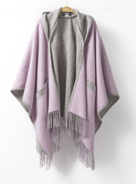 橘语2025新款纯羊毛厚双面带帽披肩斗篷纯色长方形优质推荐包邮