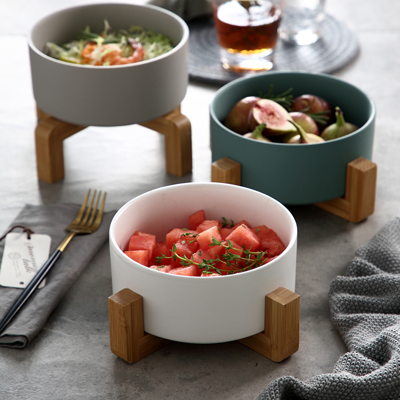 好看的碗 大号创意水果碗沙拉碗甜品碗 北欧家用带木脚个性陶瓷碗