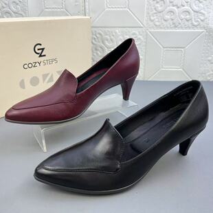 COZY STEPS可至正品处理羊皮粗跟浅口时装女鞋真皮新款尖头单鞋清