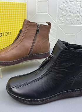 353637奥莱撤柜处理时尚休闲头层牛皮妈妈女靴真皮加绒保暖短靴清