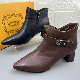 奥莱撤柜处理时尚羊皮粗跟时装女鞋高品质新款真皮新款尖头瘦瘦靴