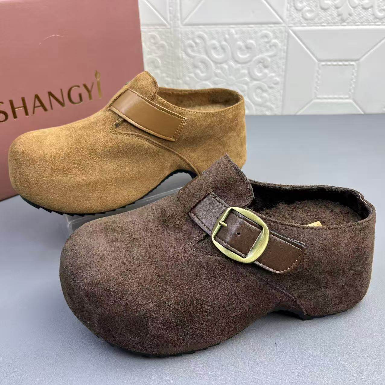 奥莱撤柜处理时尚内增高加绒博肯女棉鞋高品质新款防滑耐磨拖鞋清