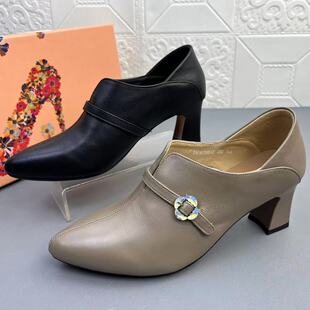 奥莱撤柜处理时尚羊皮粗跟时装女鞋高品质新款真皮尖头通勤单鞋清