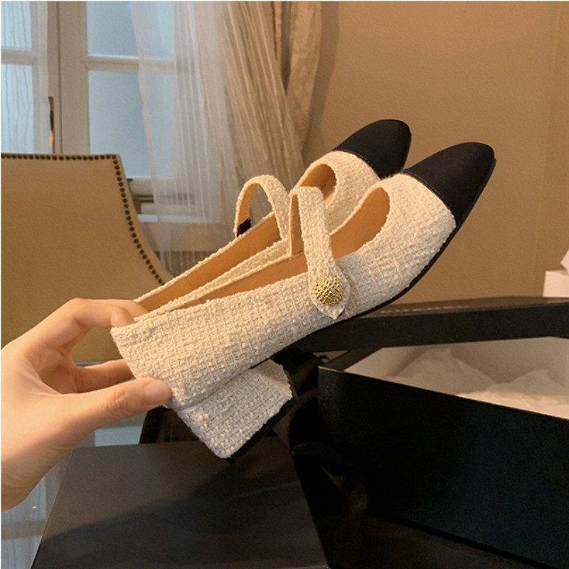 法式一字带粗跟玛丽珍鞋2025春秋新款韩版小香风拼色中跟单鞋女夏,女鞋,浅口单鞋,淘宝优惠券,粉丝福利购,淘宝优惠卷