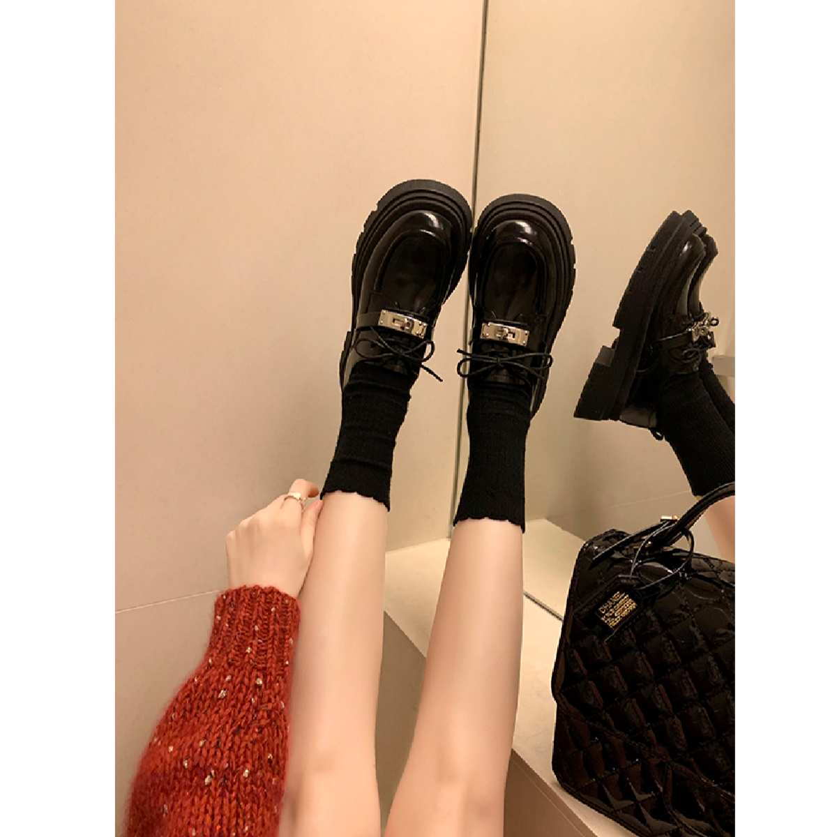 内增高8cm真皮金属扣松糕厚底