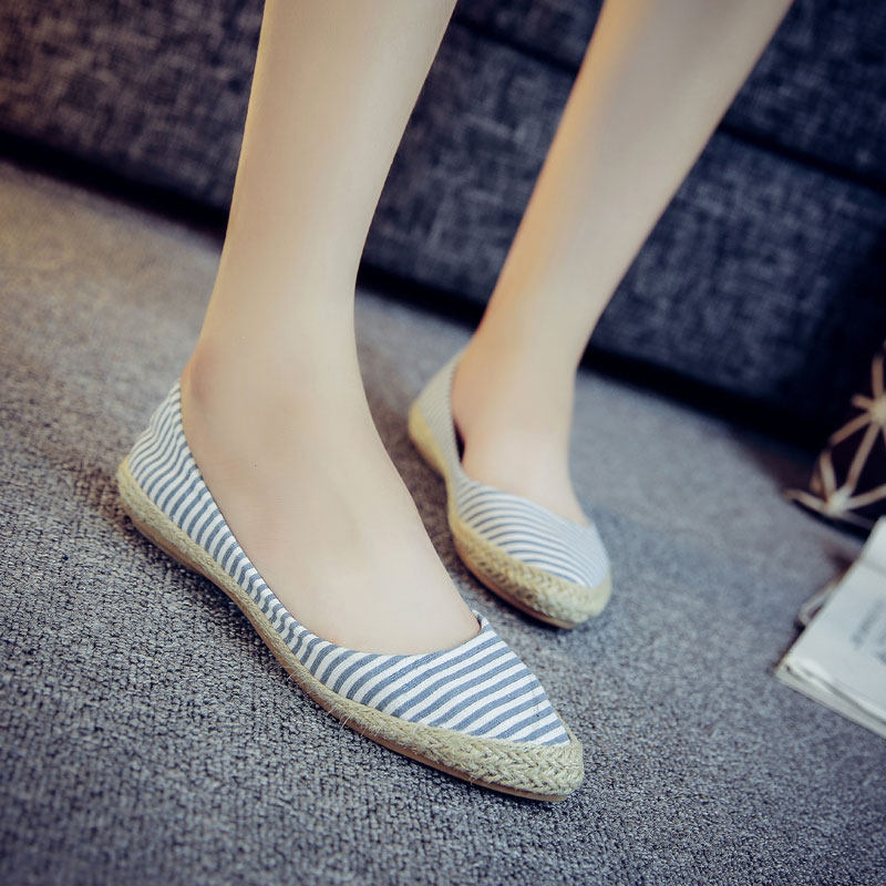shoes 2020春夏海军风布面条纹单鞋 麻边尖头平底鞋 编织女鞋大码