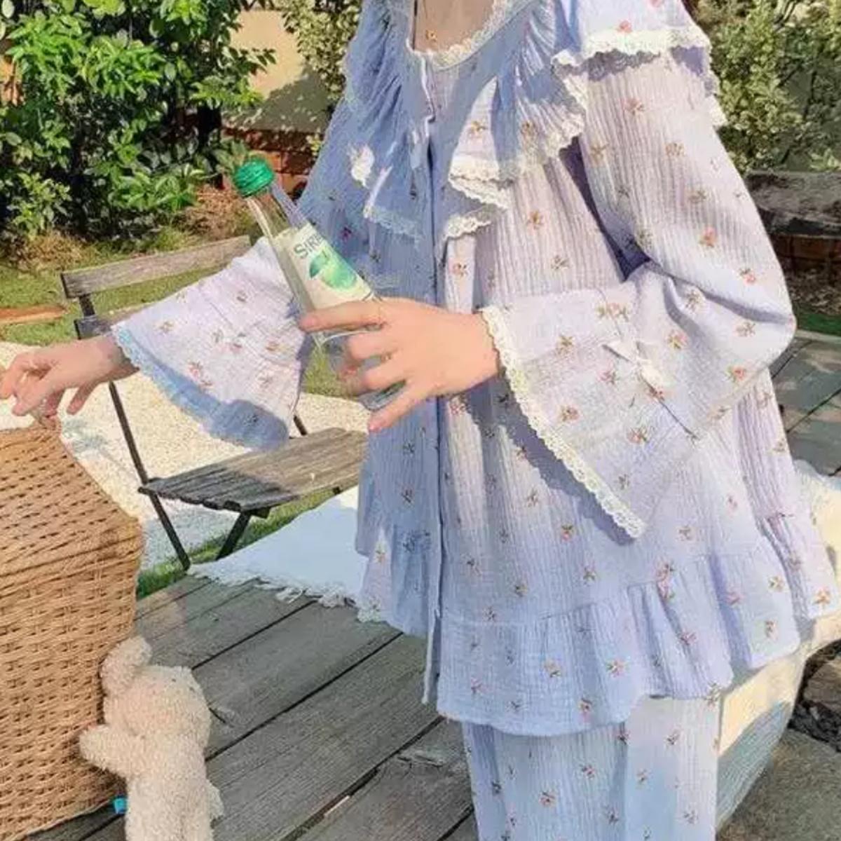 法式长袖蕾丝睡衣女春秋薄款喇叭袖小碎花套装可外穿长裤居家服