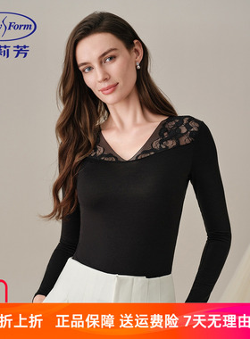 安莉芳新款打底衫女黑色V领蕾丝透气薄款百搭舒适秋衣打底上衣