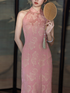 枕梦村庄 此情可忆 复古国风改良提花新中式收腰露肩旗袍连衣裙新