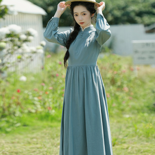 枕梦村庄 苏菲 复古森系浪漫蓝灰色立领后中拉链中长款连衣裙动漫