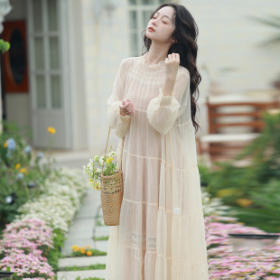 【特惠新品】枕梦村庄 浅夏 复古宽松花边仙女中长款大裙摆连衣裙