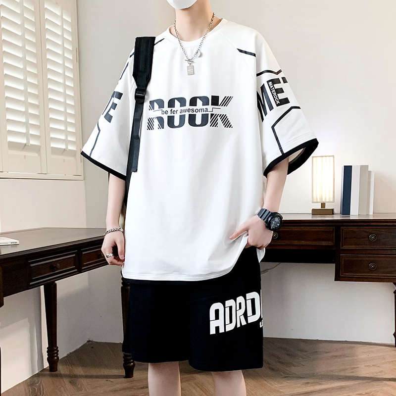 夏季圆领T恤男潮流假两件运动套装学生ins休闲宽松百搭上衣裤子帅