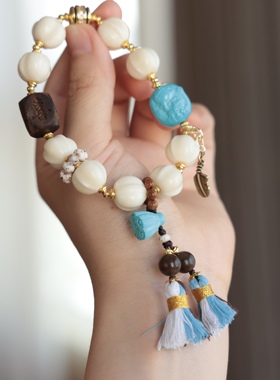 牛骨鲨鱼背手串搭配菱镁矿无相佛 莲蓬 沉香恭喜发财 纯铜 DM751