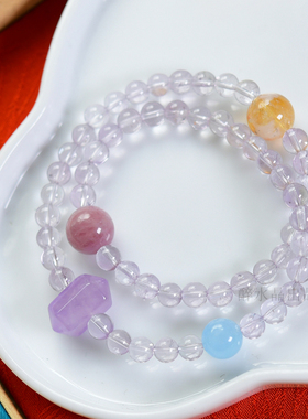 天然玻利维亚紫水晶两圈手链 黄塔晶海蓝宝薰衣草双尖 6mm LH561