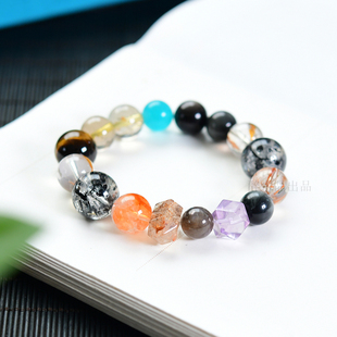 天然多宝水晶手链黑金超双尖黄胶花发晶紫水晶随形黄虎眼 LH554