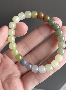 天然多宝和田玉老型珠手串 7.8*7mm 玉石单圈手链饰品 T111