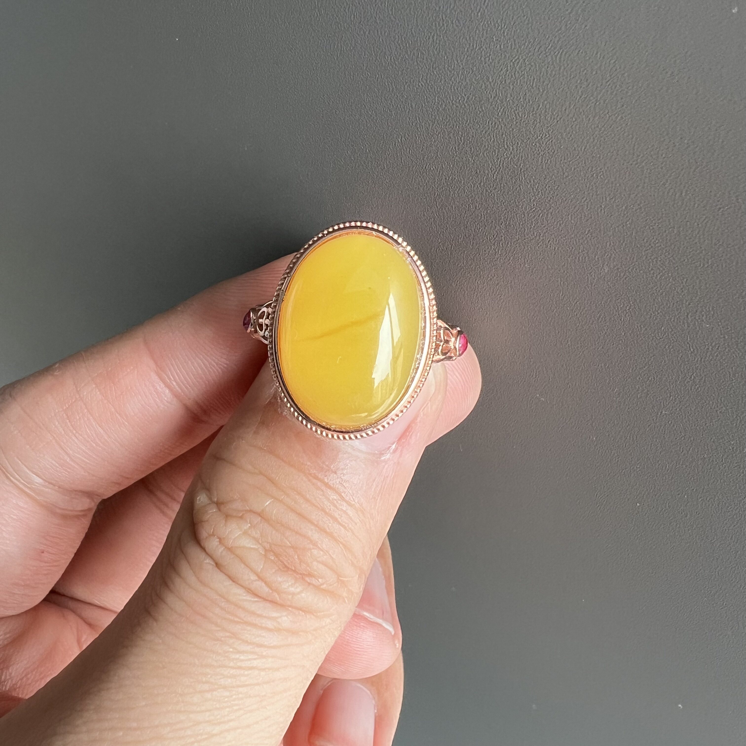 天然蜜蜡琥珀纯银戒指 玫瑰金色活口可调  戒托戒面随机发 Y275