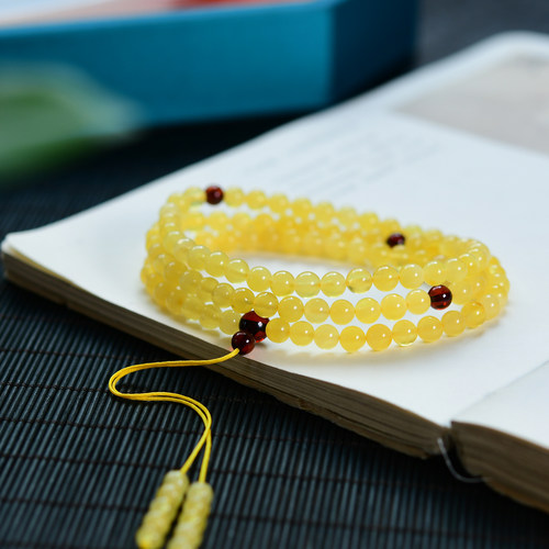 天然蜜蜡多圈佛珠手链白花蜜鸡油黄琥珀手串 LH712