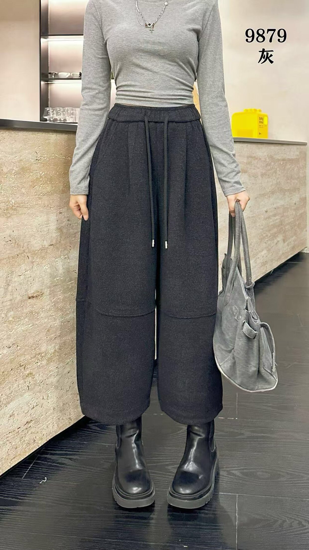 木子家秋冬毛呢新款9879加厚女九分宽松阔腿弯刀裤显瘦休闲哈伦裤