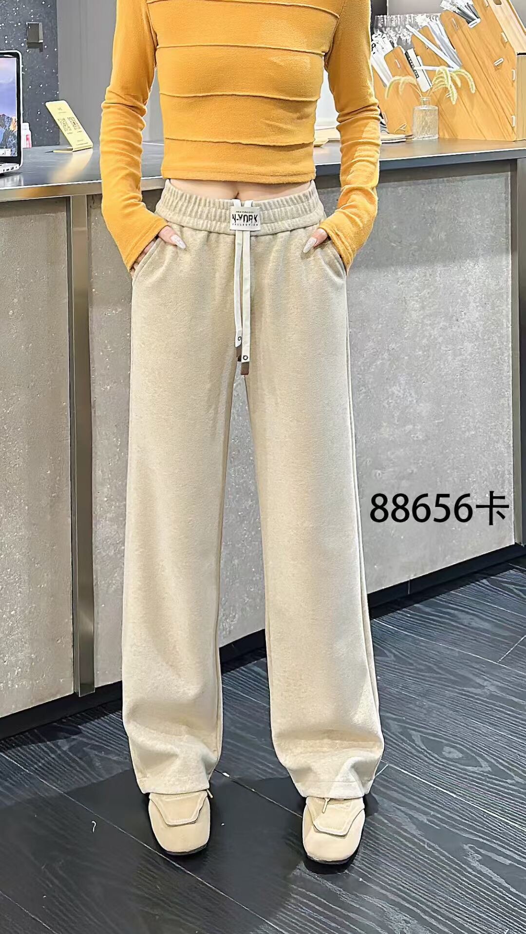 冬季木子家厚料88656欧货女抽绳阔腿裤显瘦高腰羊绒裤直筒休闲裤