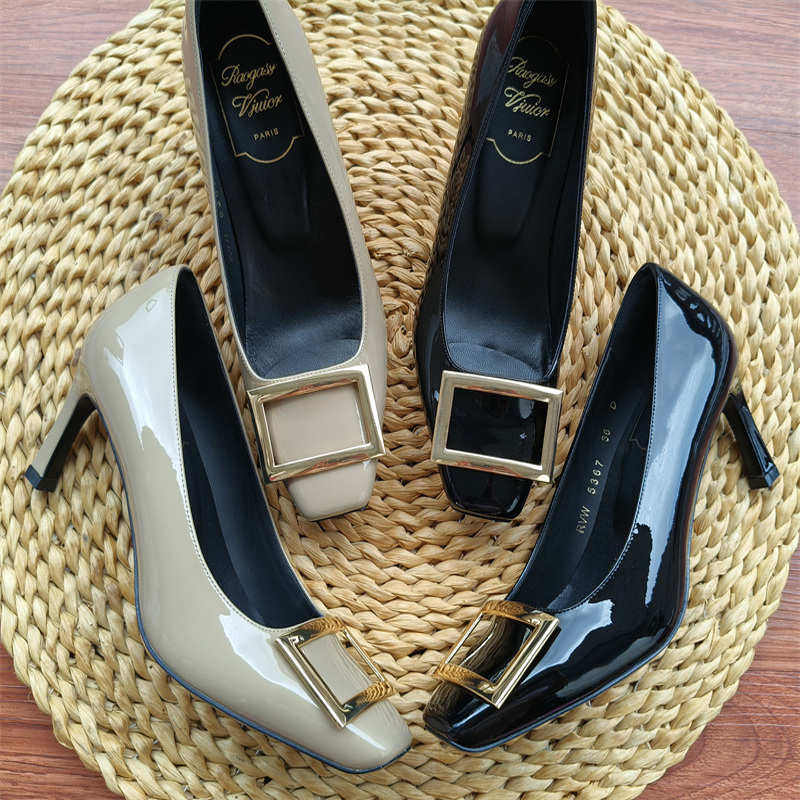 经典款7cm跟方头方扣浅口单鞋漆皮通勤女单鞋细跟真皮百搭高跟鞋