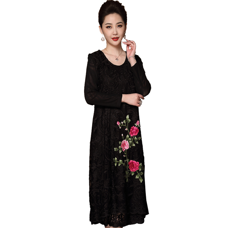 清仓处理 中年女连衣裙长款裙 加肥加大码妈妈刺绣两件套连衣裙
