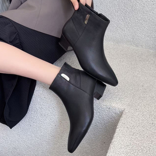 富丽切尔西短靴女2025冬新款 真皮尖头粗跟侧拉链通勤瘦瘦靴子1957