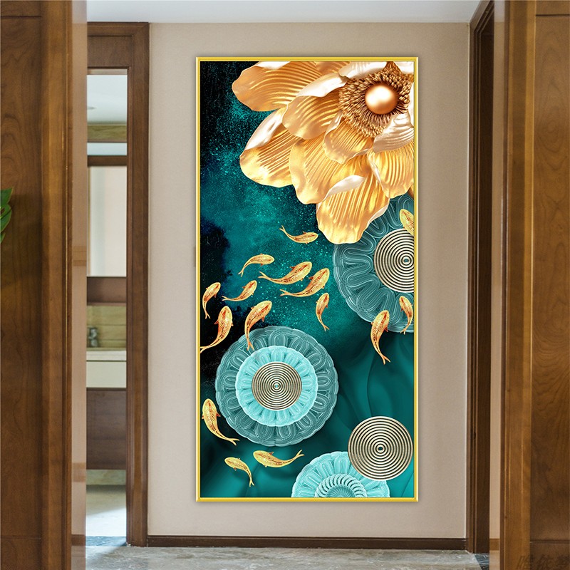 九鱼图玄关装饰画入户走廊过道自粘墙贴画现代简约客厅好寓意壁画图片