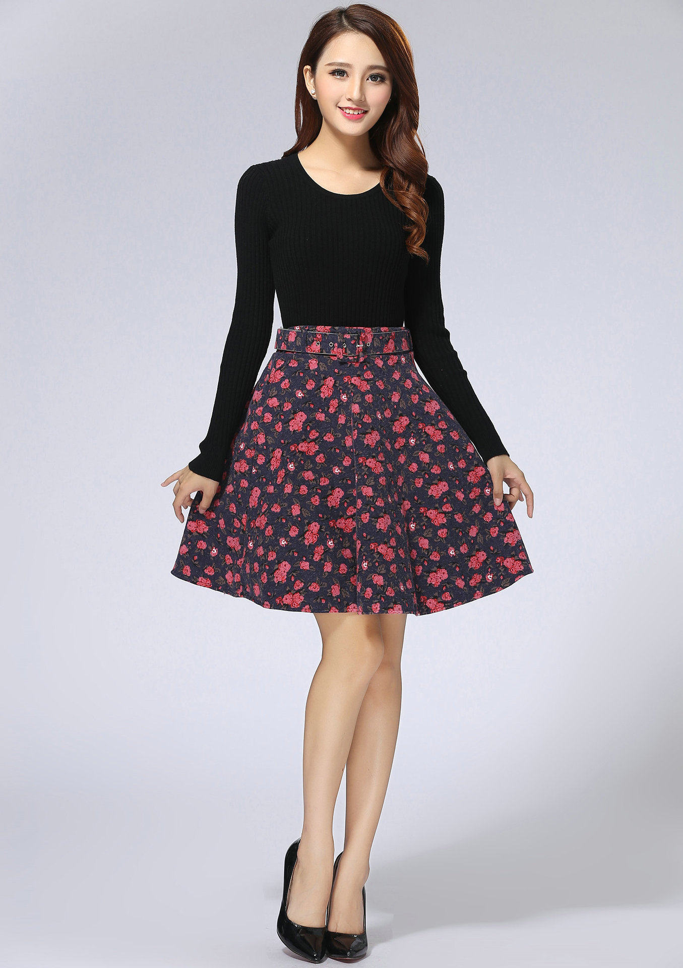 秋装新款韩版复古小碎花加绒毛呢半身裙高腰修身短裙大摆裙女|ruв категории Женская одежда, юбка - от Buy2taobao.com для оказания профессиональной услуги покупки агента Taobao