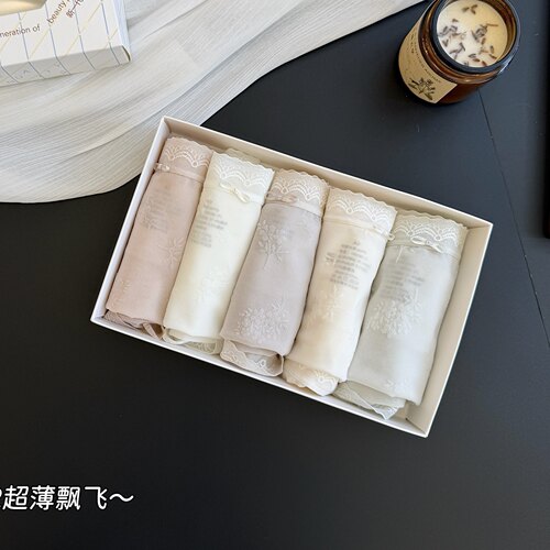 缇娅朵5条装莫代尔超薄飘飞印花网纱棉裆中腰内裤女蕾丝边三角裤