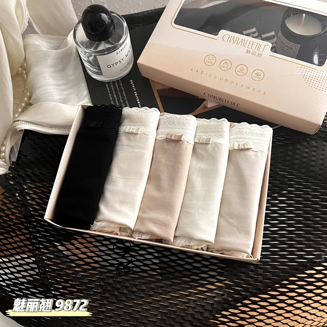 魅丽翘精品5条盒装莫代尔纯棉蚕丝抗菌透气蕾丝中腰女三角内裤头