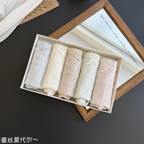 缇娅朵正品5条装蚕丝莫代尔棉裆中腰内裤女薄款舒适蕾丝边三角裤