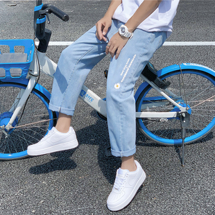 直筒牛仔裤男春夏薄款宽松潮牌雏菊花九分裤韩版潮流百搭学生裤子