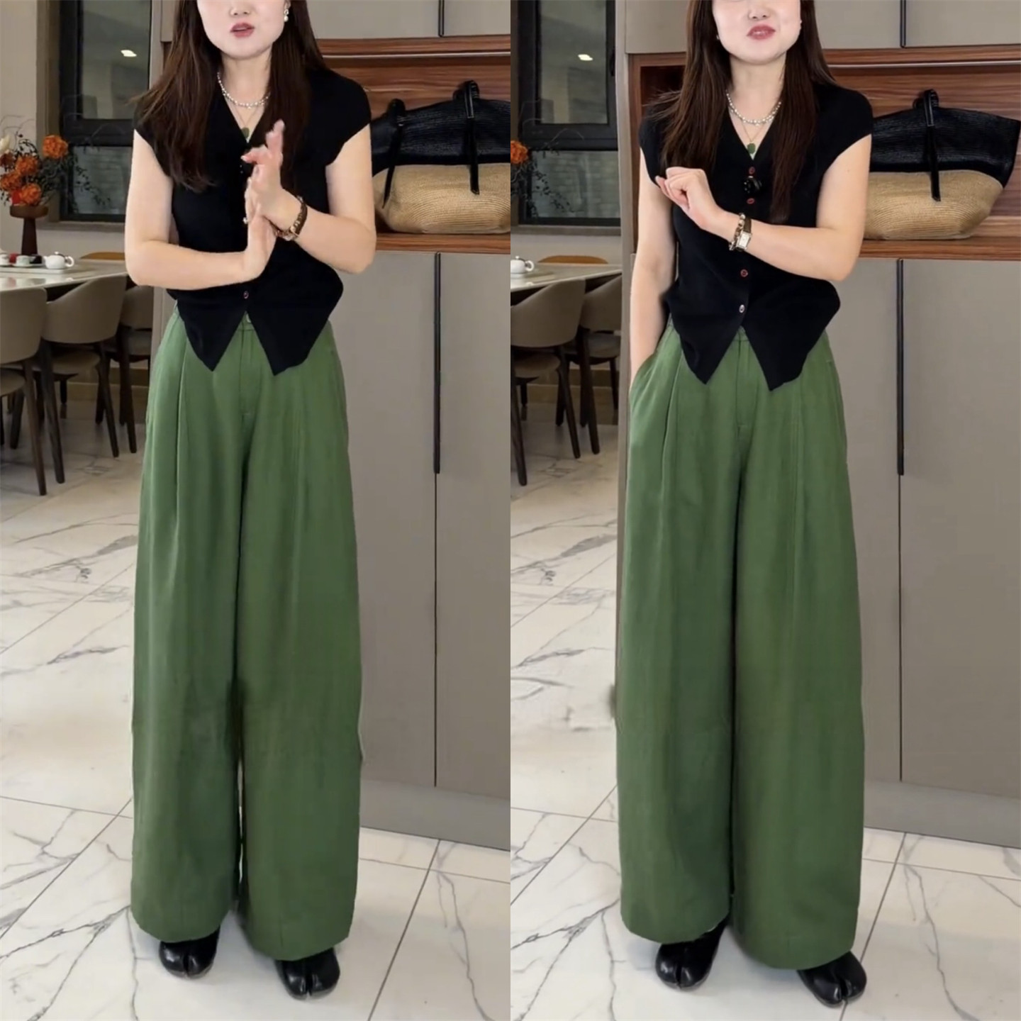 天丝亚麻绿色阔腿裤女2026夏款高腰显瘦垂感直筒麻料高级感休闲裤